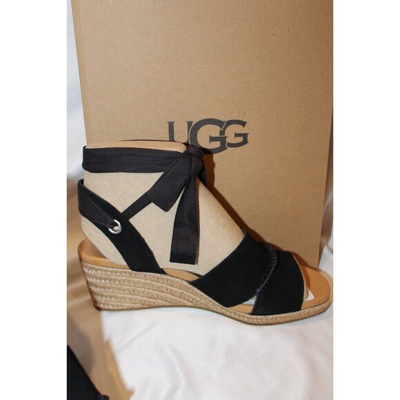 NIB UGG WOMEN'S TAIA ANKLE WRAP WEDGE SUEDE SANDALS BLACK SZ 8 NIB - Picture 5 of 6